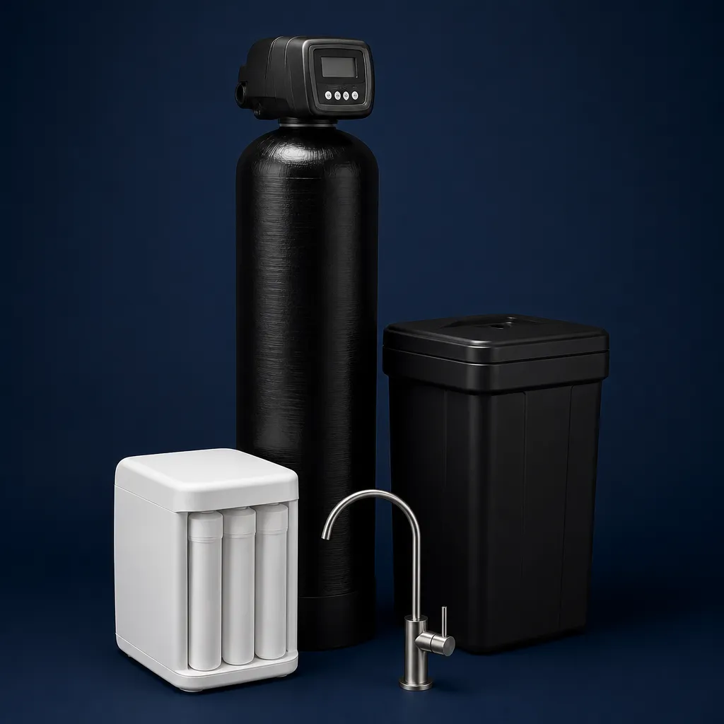 A water softener, brine tank and under-sink reverse osmosis unit