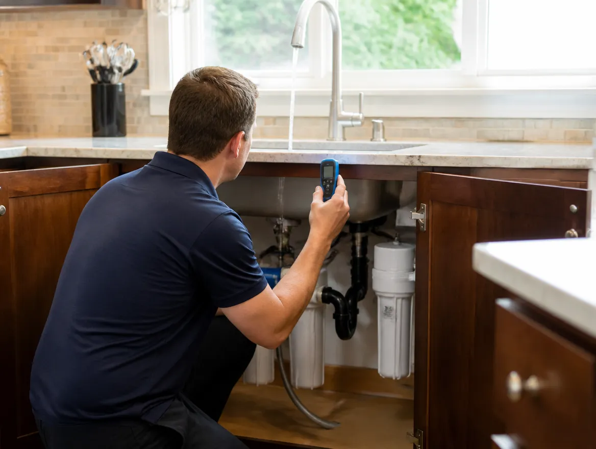 A technician testing water at a kitchen sink with a handheld meter