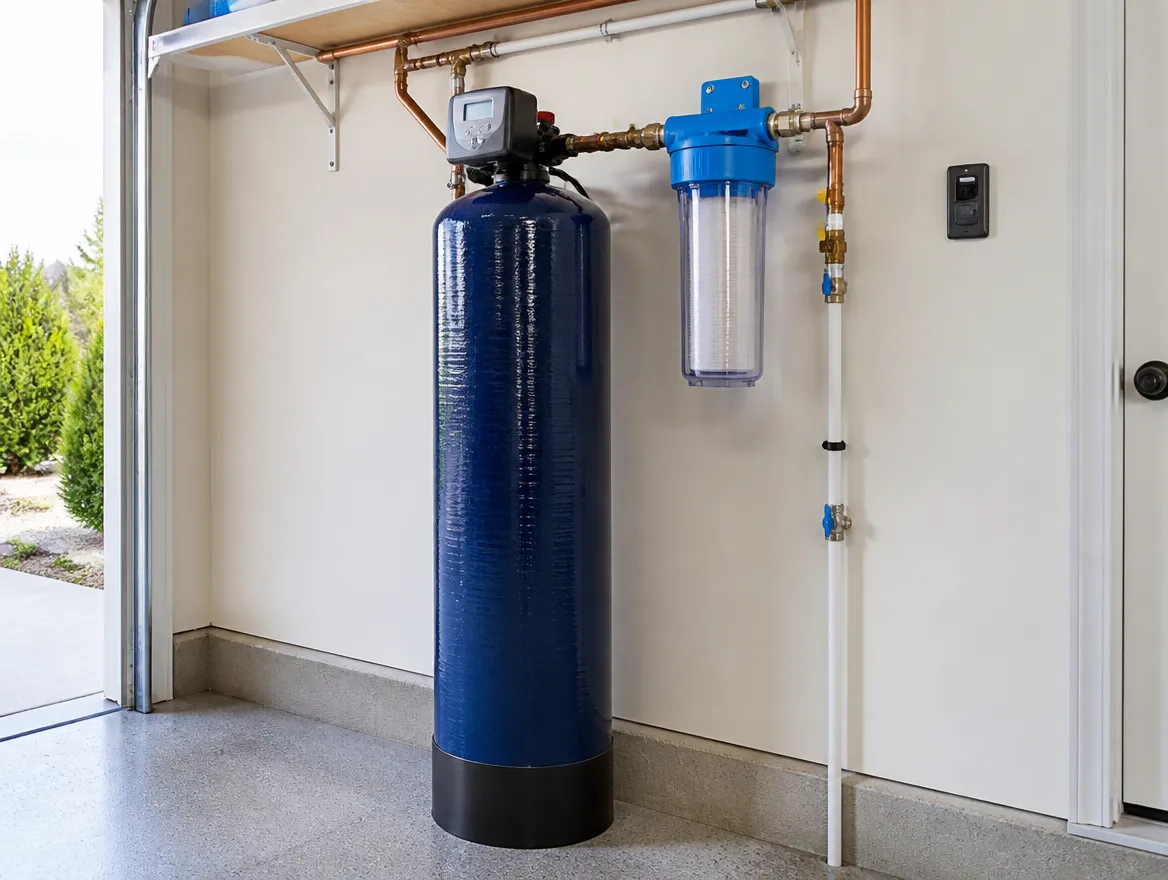 A whole-house carbon filtration tank and sediment pre-filter mounted in a utility space