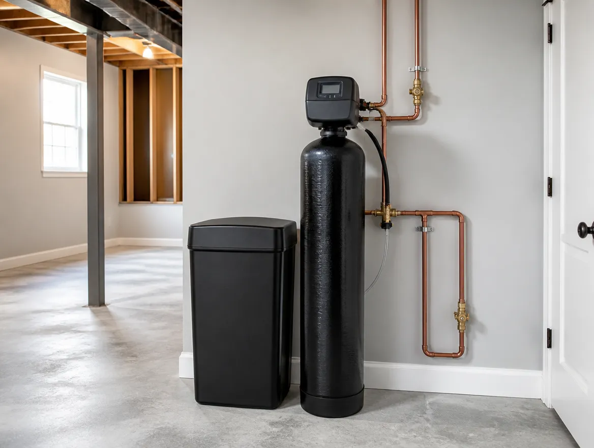 A black water softener tank and brine tank installed in a basement, plumbed with copper