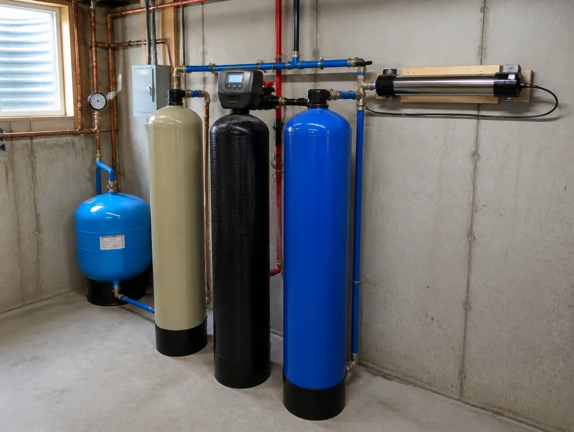 A well water treatment line: sediment, softener and carbon tanks with an ultraviolet lamp